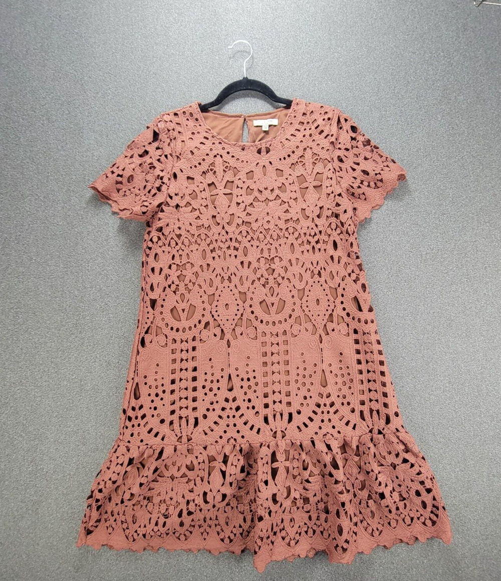Polagram M Brown Crochet Lace Lined Drop Waist Flounce Dress
